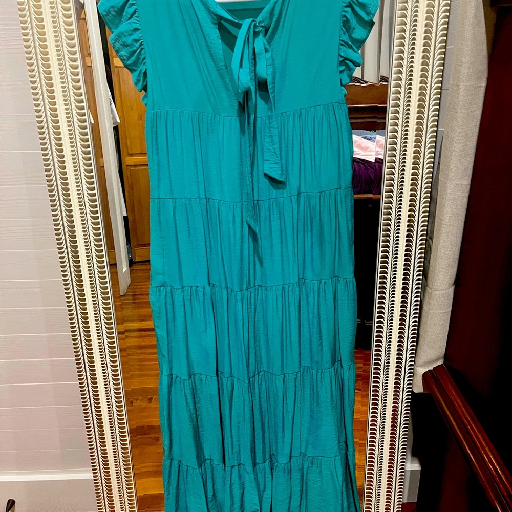 Express Teal Green tiered maxi, lined, ties behind neck. Worn Once for 4 hrs - Picture 2 of 2